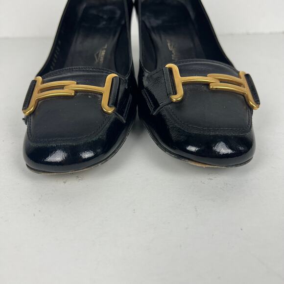 Ferragamo Leather Pumps Black Square Toe Heels Gold-Tone Horsebit Loafers 6.5 - Picture 2 of 10